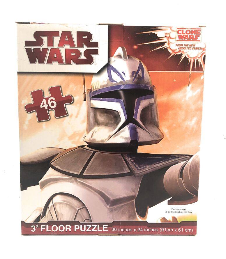 STAR WARS  
46 PIECES  
CLONE WARS  
FROM THE NEW ANIMATED SERIES  

3' FLOOR PUZZLE  
36 inches x 24 inches (91cm x 61 cm)  

Puzzle image is on the back of the box