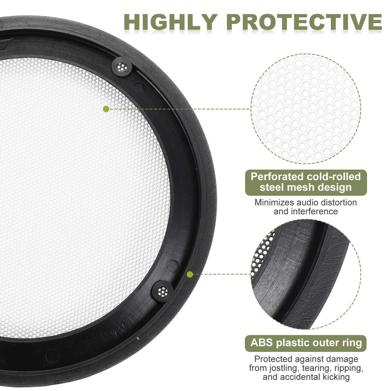 HIGHLY PROTECTIVE

- Perforated cold-rolled steel mesh design
  - Minimizes audio distortion and interference

- ABS plastic outer ring
  - Protected against damage from jostling, tearing, ripping, and accidental kicking