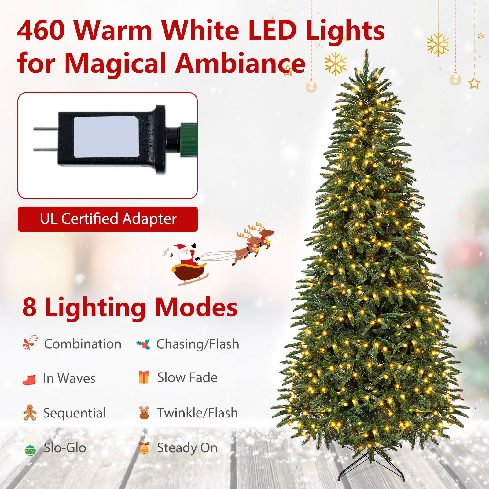 460 Warm White LED Lights for Magical Ambiance

UL Certified Adapter

8 Lighting Modes
- Combination
- Chasing/Flash
- In Waves
- Slow Fade
- Sequential
- Twinkle/Flash
- Slo-Glo
- Steady On