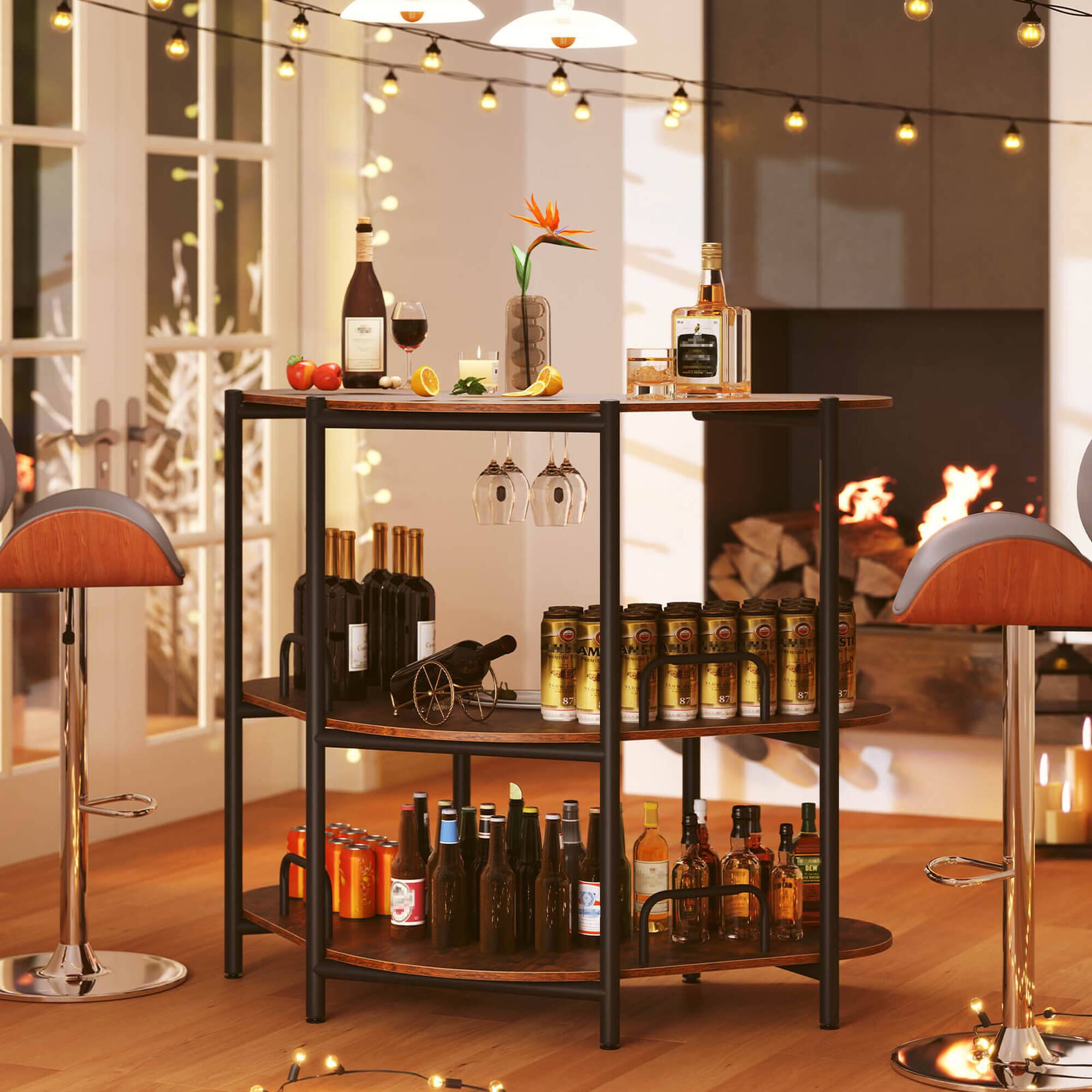 Alt View 4. Costway - Costway 3-Tier Home Bar Unit with Stemware Racks & Storage Shelves with Metal Frame Brown - Brown.