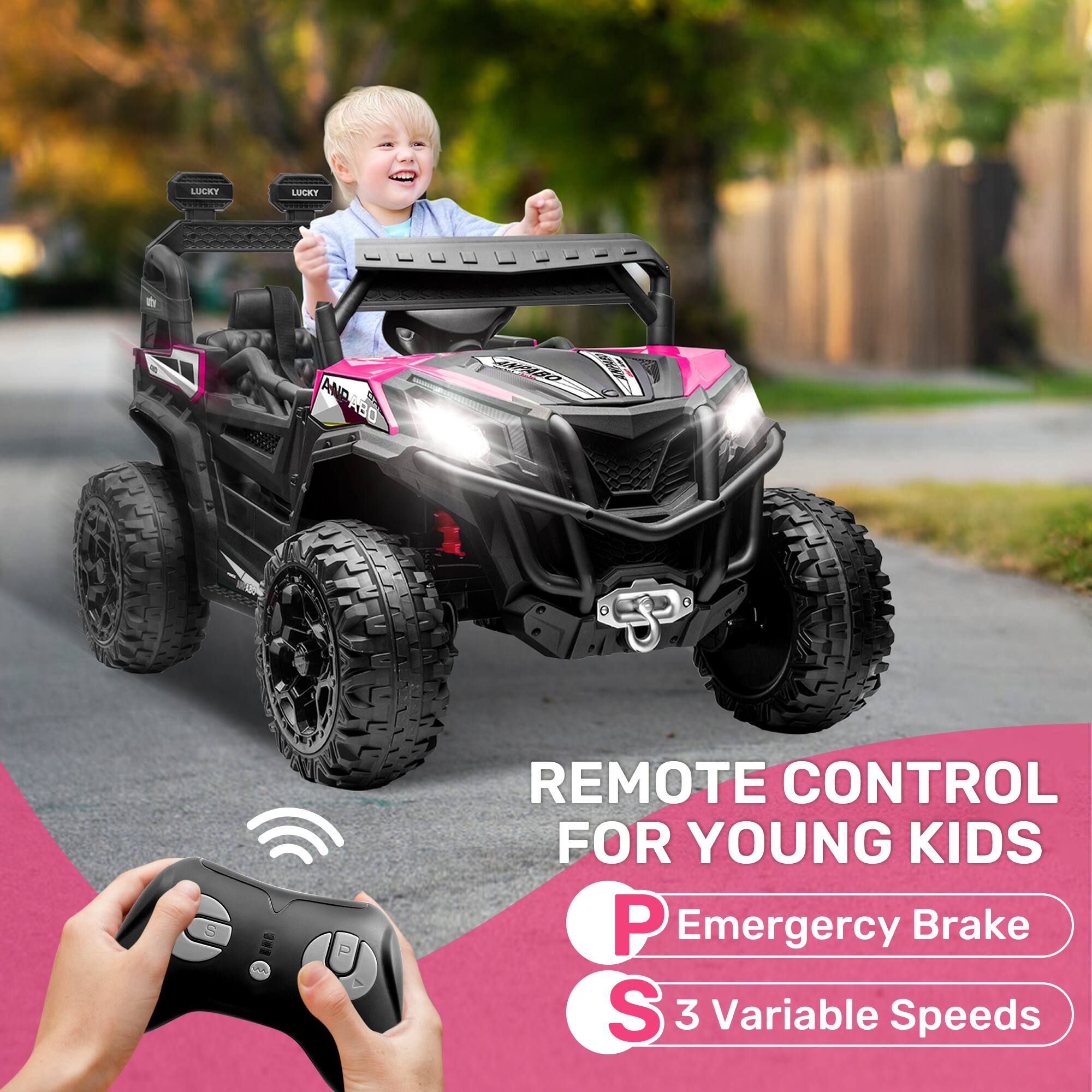 LUCKY  
LUCKY  
ANDABO  
ANPABO ANPABO  
WT  
REMOTE CONTROL FOR YOUNG KIDS  
Emergency Brake  
3 Variable Speeds