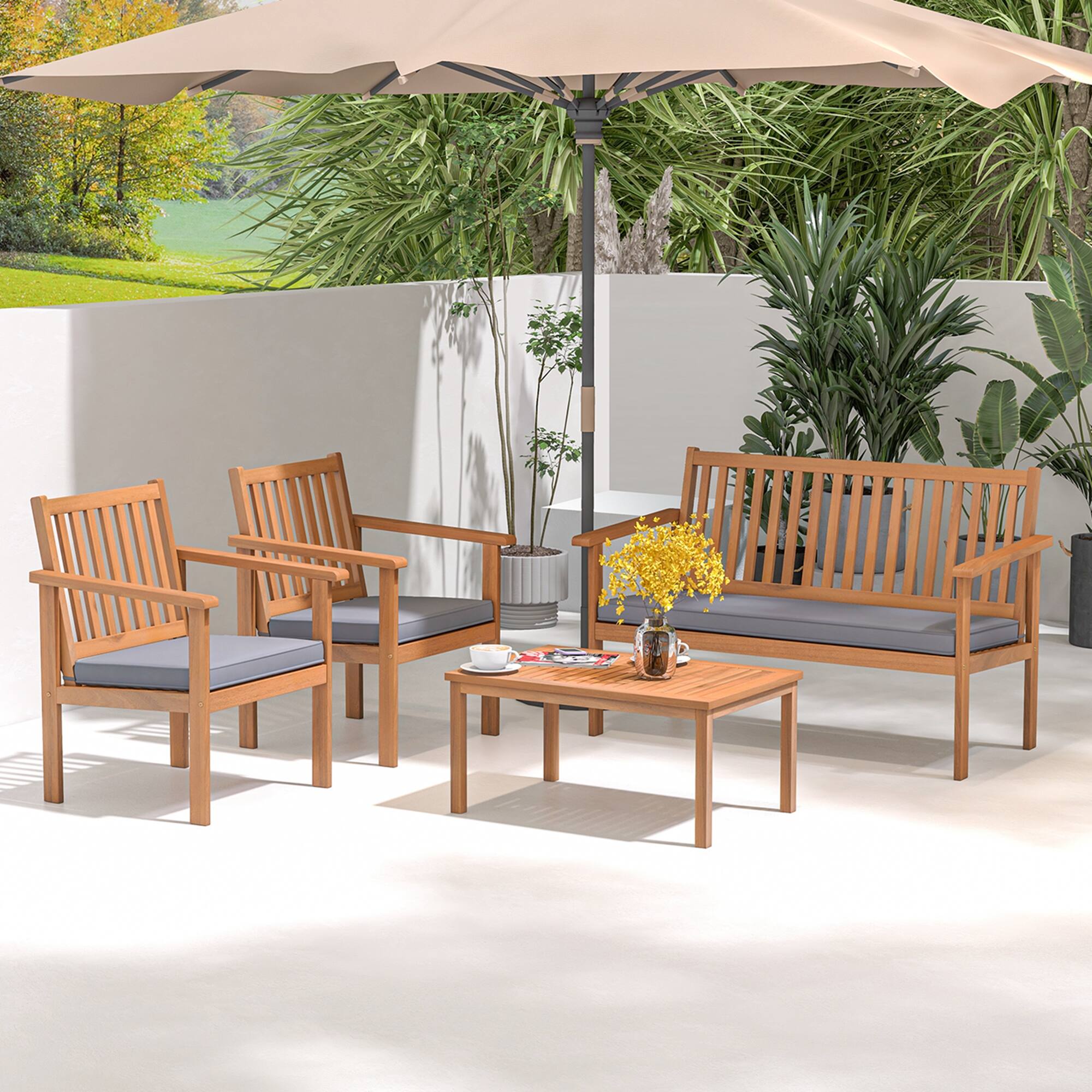 Alt View 1. Costway - 4 PCS Patio Wood Furniture Set with Loveseat, 2 Chairs & Coffee Table for Porch - Natural + Grey.