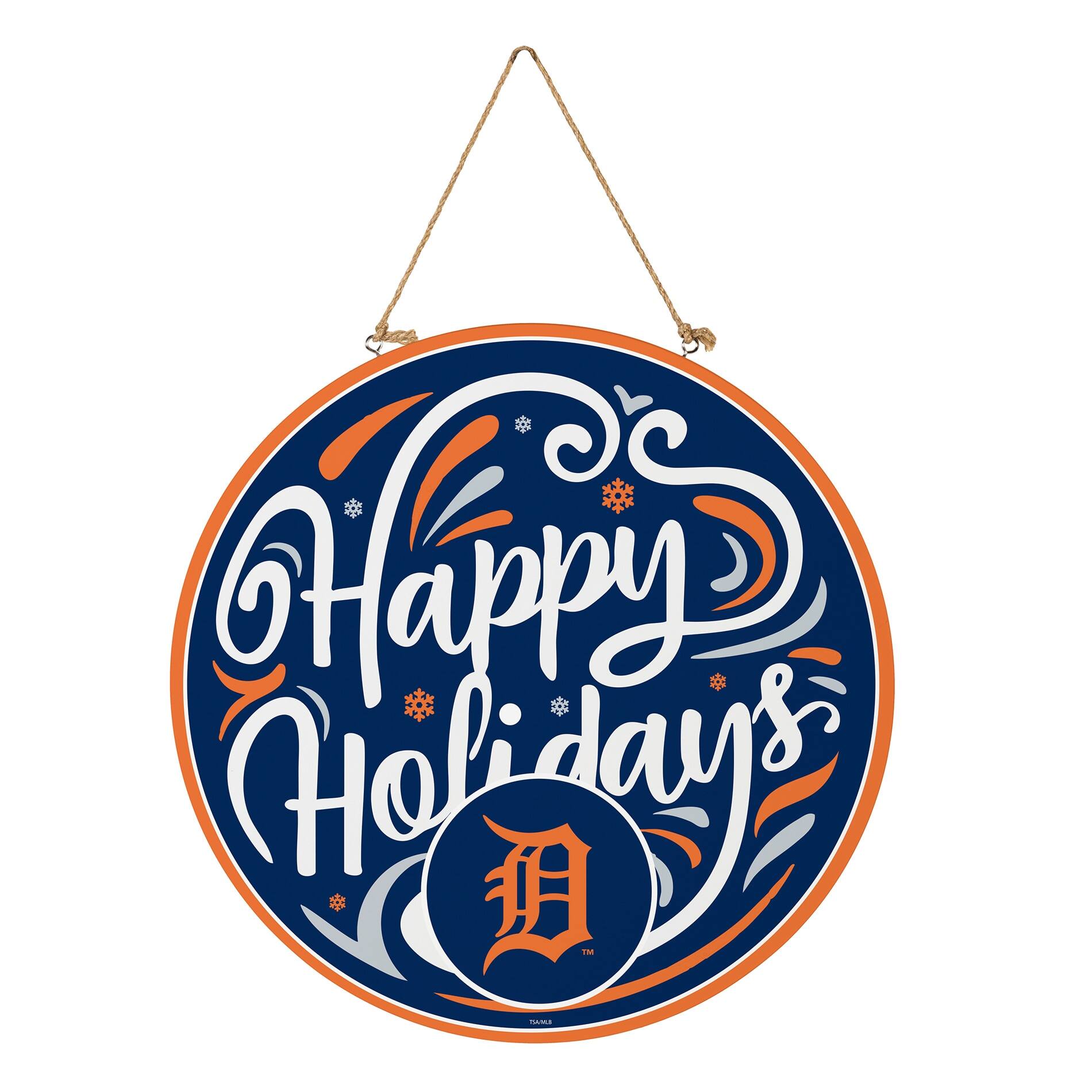 Alt View 2. Evergreen Enterprises - Detroit Tigers 18" Happy Holidays Wooden Round Door Sign - Multicolor.