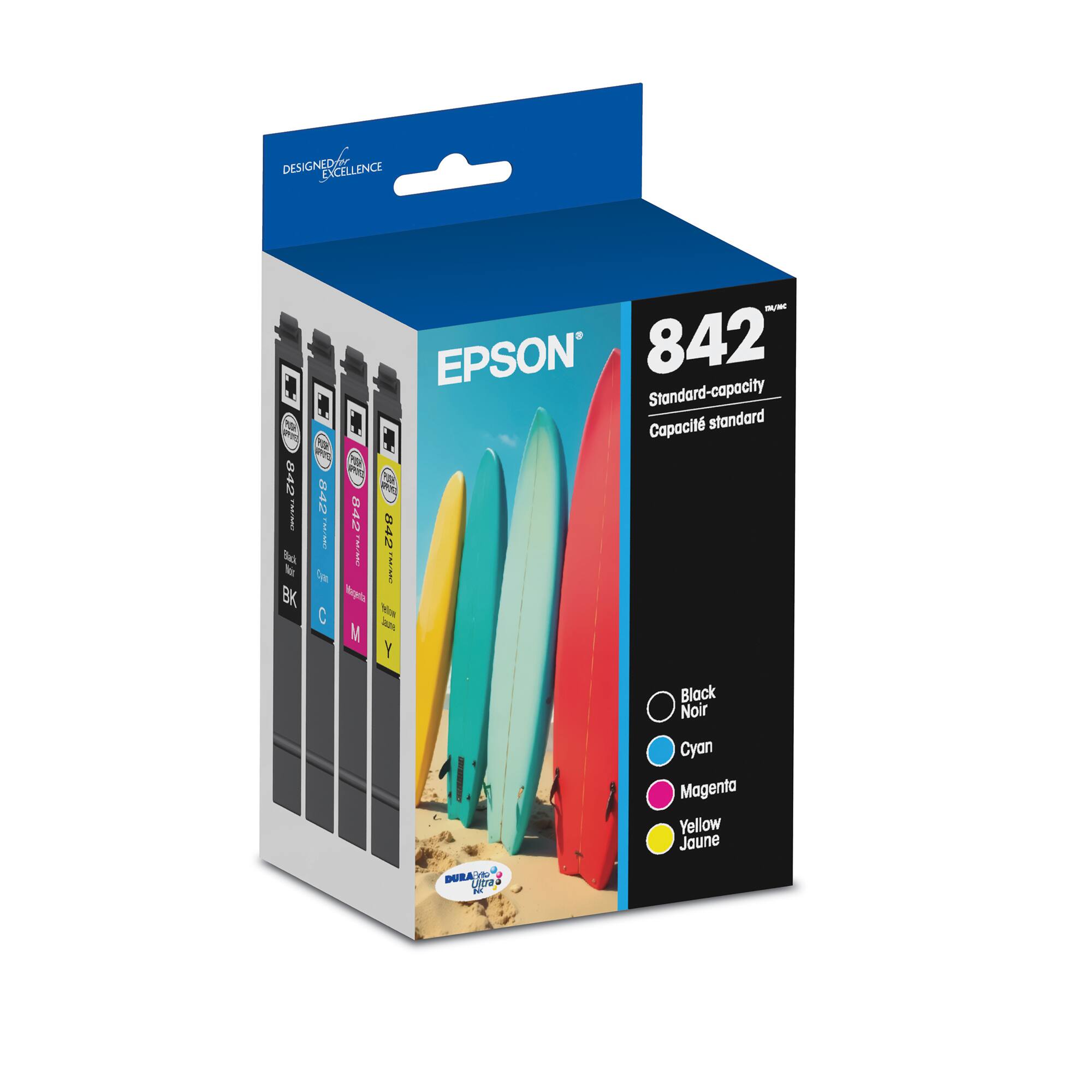 DESIGNED EXCELLENCE  
EPSON 842 Standard-capacity  
Capacité standard 842  
842 TM/MG  
CHICKEN 842  
842 Back  
Nic Car TM/MG  
TM/ME BK  
Magenta C Jaune  
DURADO Ultra NK  
Black Noir  
Cyan Magenta Yellow Jaune
