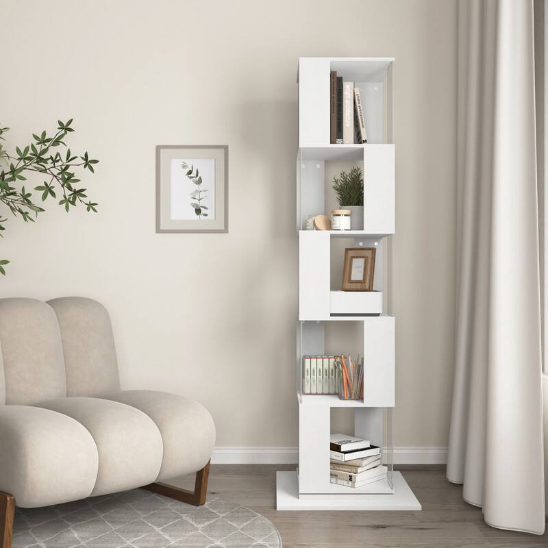 Alt View 2. HTUTWOO - 360° Rotating 5-Tier Bookshelf, Space Saving Easy Use Modern Display Shelf for Living Room Home Office Bedroom - White.