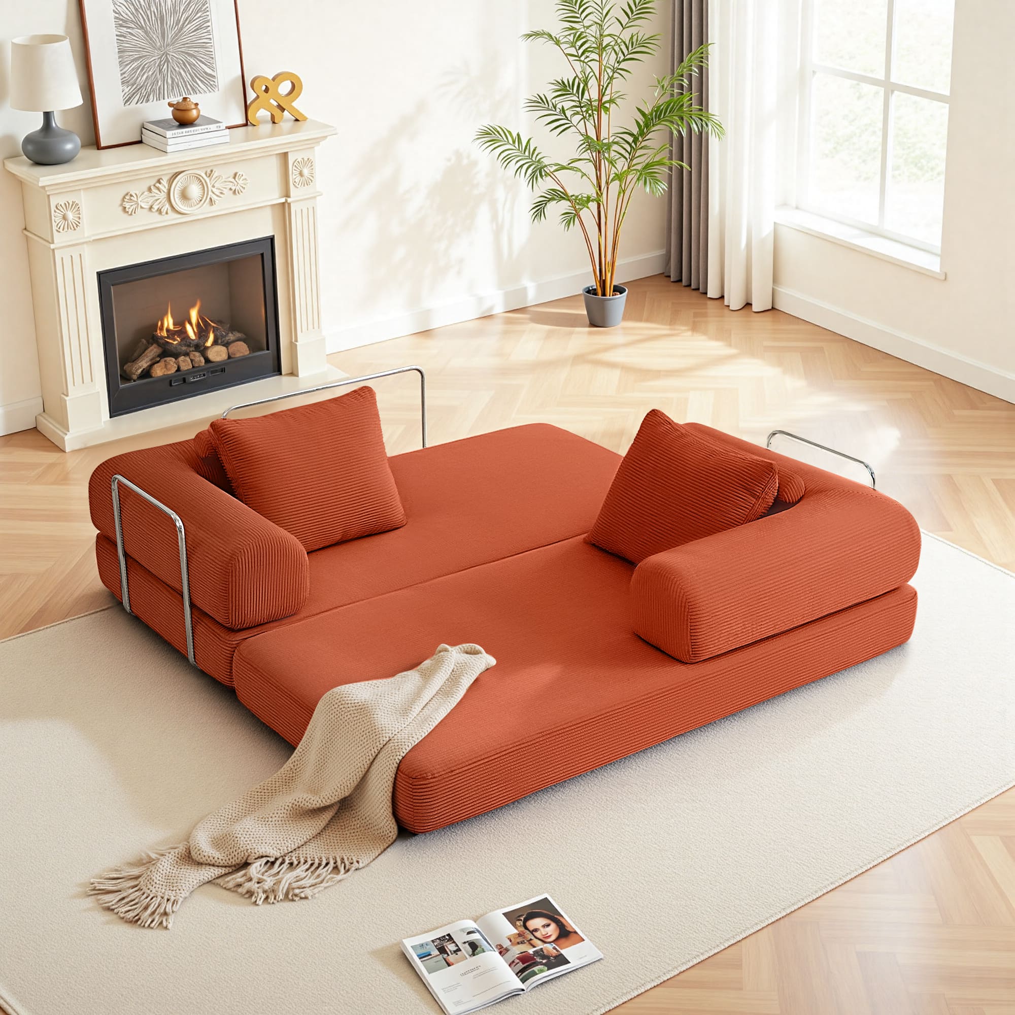 KERDOM - 63'' W Convertible Floor Sofa Bed, Corduroy Modular Floor Couch with Pillow Back, Folding Couch Sleeper for Living Room - Reddish Brown