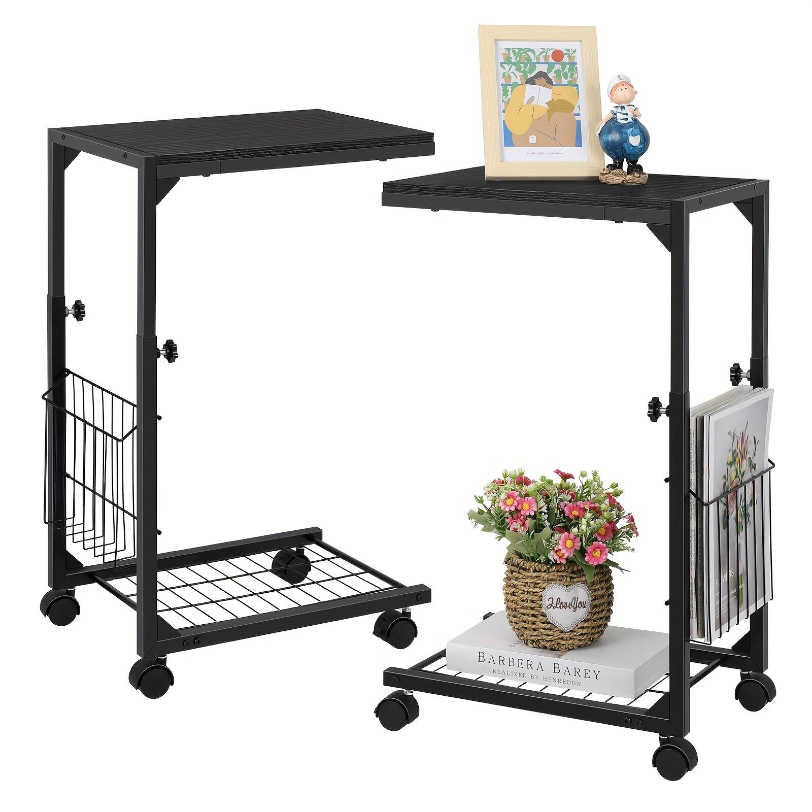 Oumilen - Adjustable Height Rolling Side Table with Storage Basket & Mesh Shelf - Black