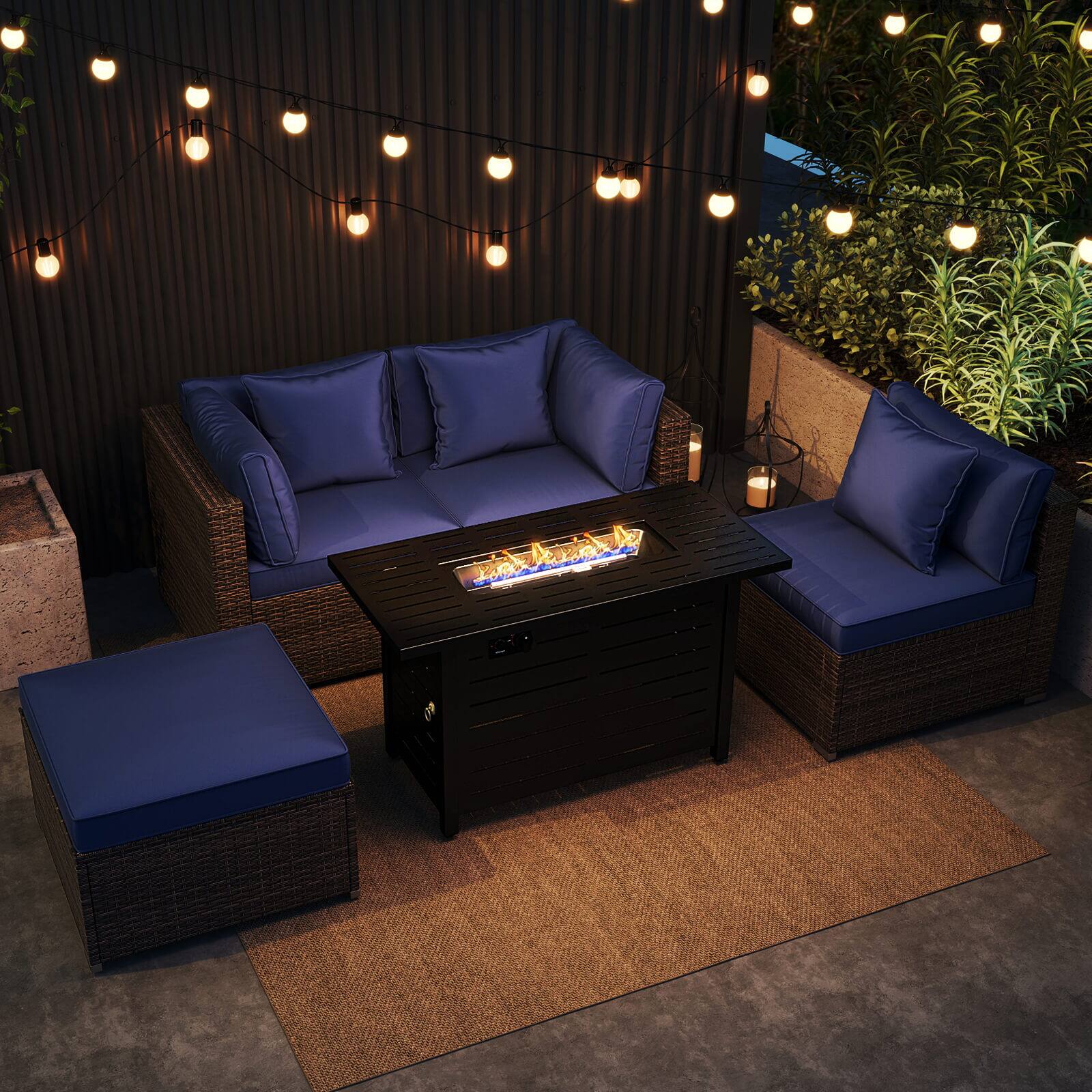 Alt View 1. Costway - Costway 5 PCS Patio Furniture Set Heavy-duty Frame Rattan Sofa Set with 60,000 BTU Firepit Table - Navy.