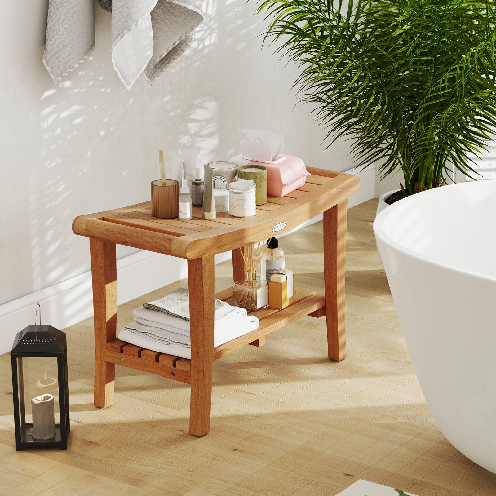 Alt View 3. Gymax - Gymax 30'' Large Teak Shower Stool w/ Storage Shelf Non-slip & Adjustable Foot Pads - Natural.