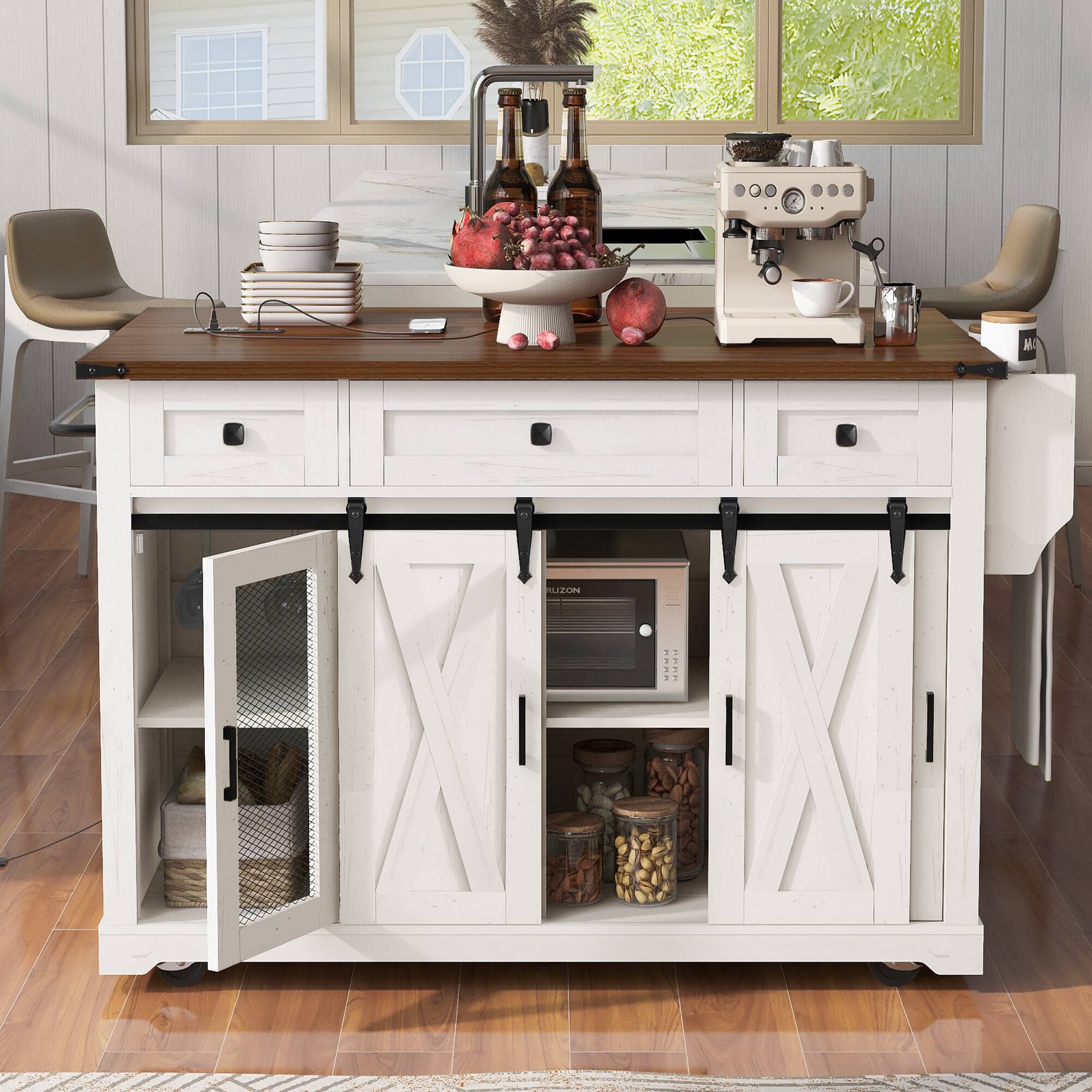Front. PexFix - 58" Farmhouse Kitchen Island Cart with Sliding Barn Door, Drop Leaf and 5-Wheel Mobility - White.