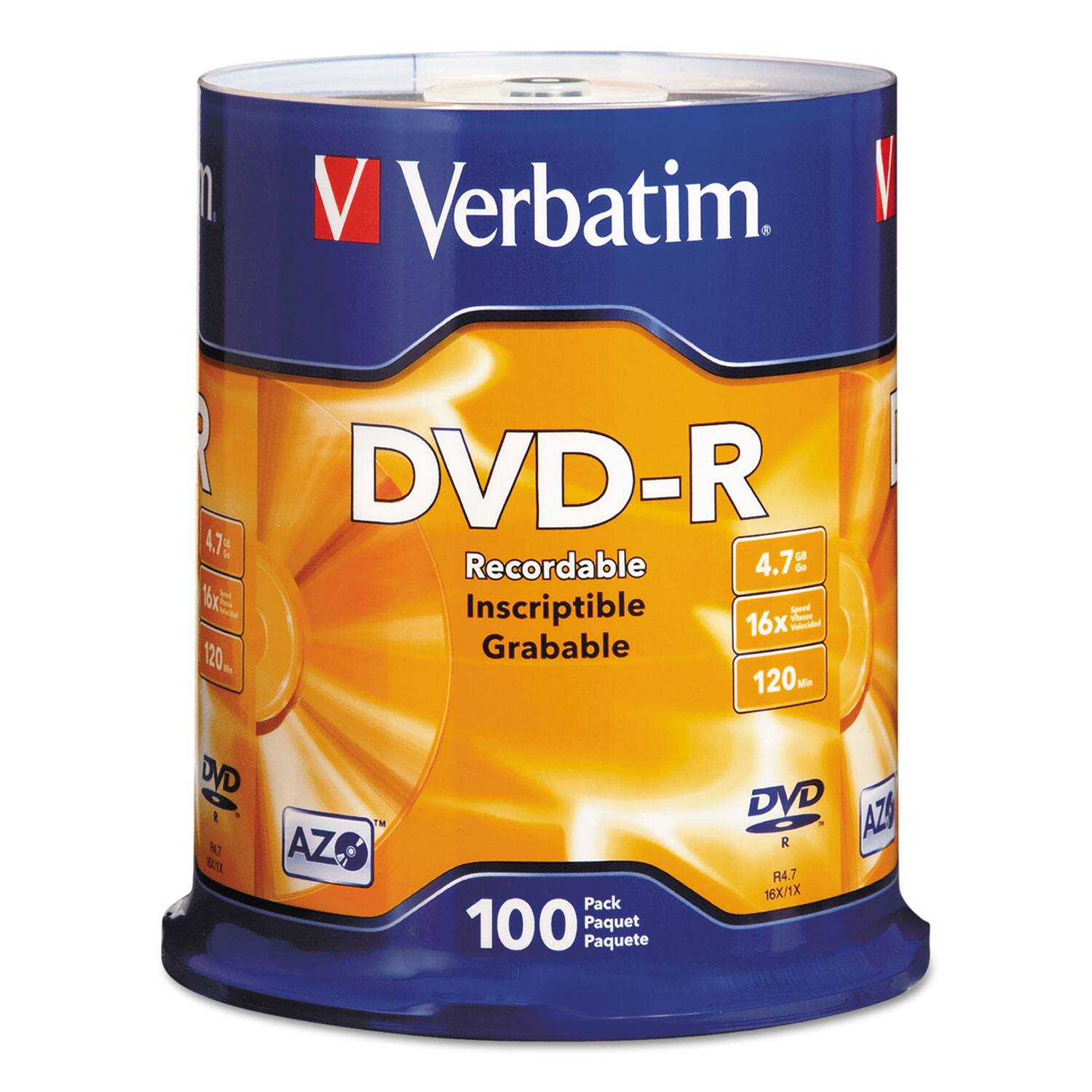 Verbatim  
DVD-R  
Recordable  
Inscriptible  
Grabable  
4.7 GB  
16x  
120 min  
AZO  
Pack 100  
Paquet  
Paquete  
R4.7  
16X/1X