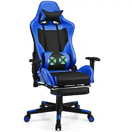 Costway - Racing Massage Gaming Chair with Footrest - Blue + Black