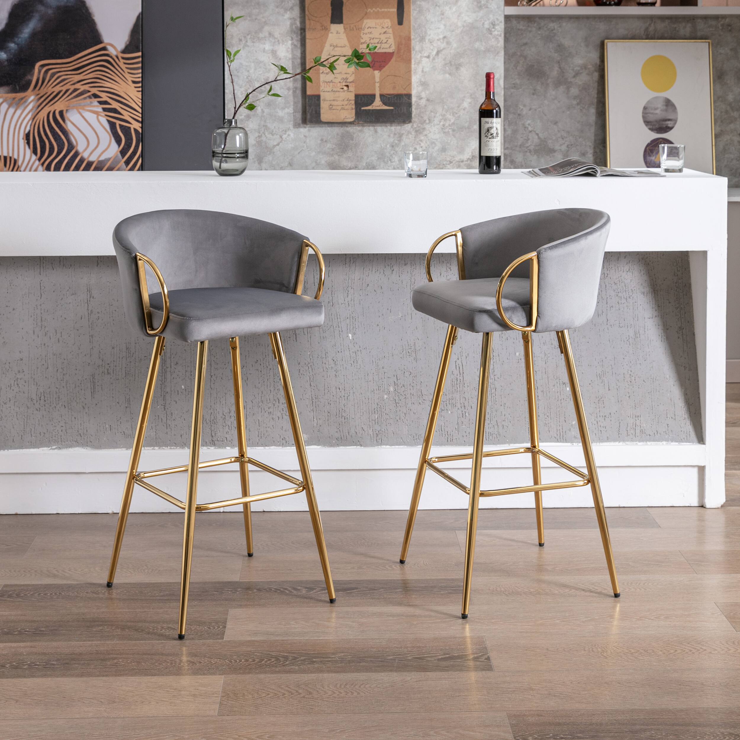 Alt View 1. APRILSOUL - 30 Inch Set of 2 Bar Stools Chrome Footrest Base Velvet Golden Leg Simple GRAY - Gray.