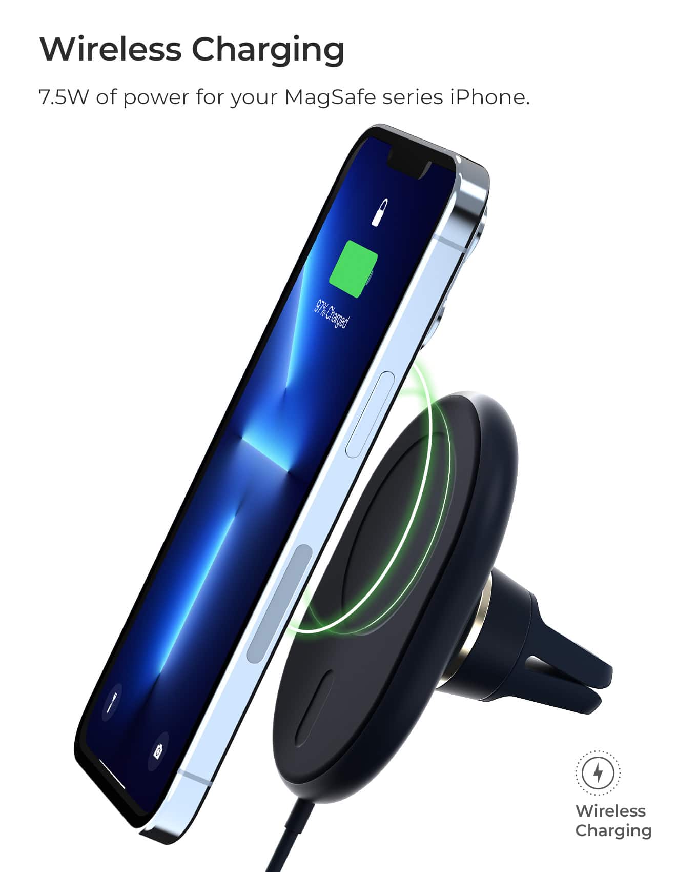 Wireless Charging: 7.5W of power for your MagSafe series iPhone. 97% Charged.