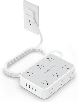 TESSAN - 1800J Protection 15 Ft Flat Plug Surge Protector Power Strip with 12 Outlets and 4 USB Ports (2 USB-C) - Grey White