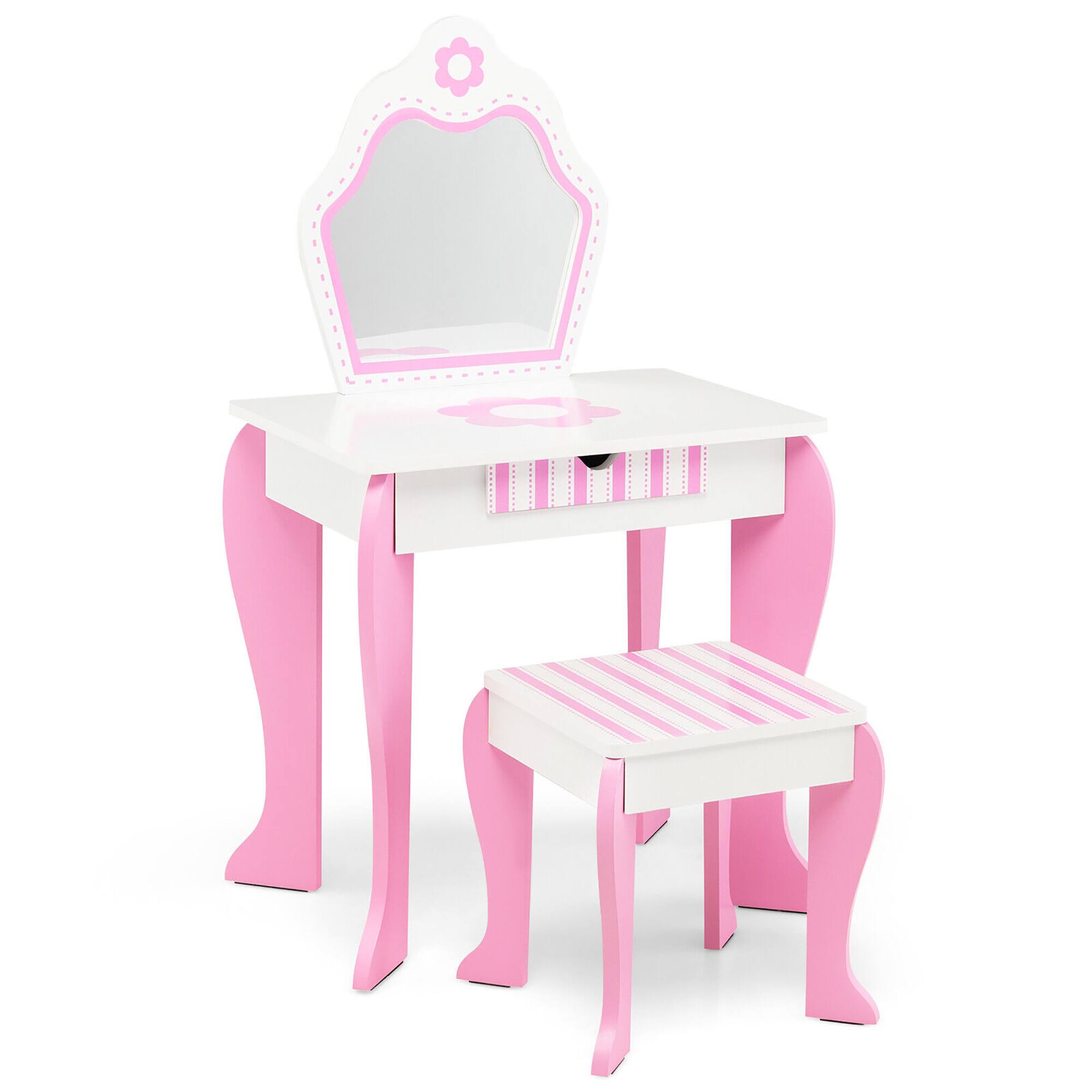 Alt View 8. Gymax - Gymax Kid Vanity Set Wooden Makeup Table Stool w/ Mirror Flower Print Pink & White - White.
