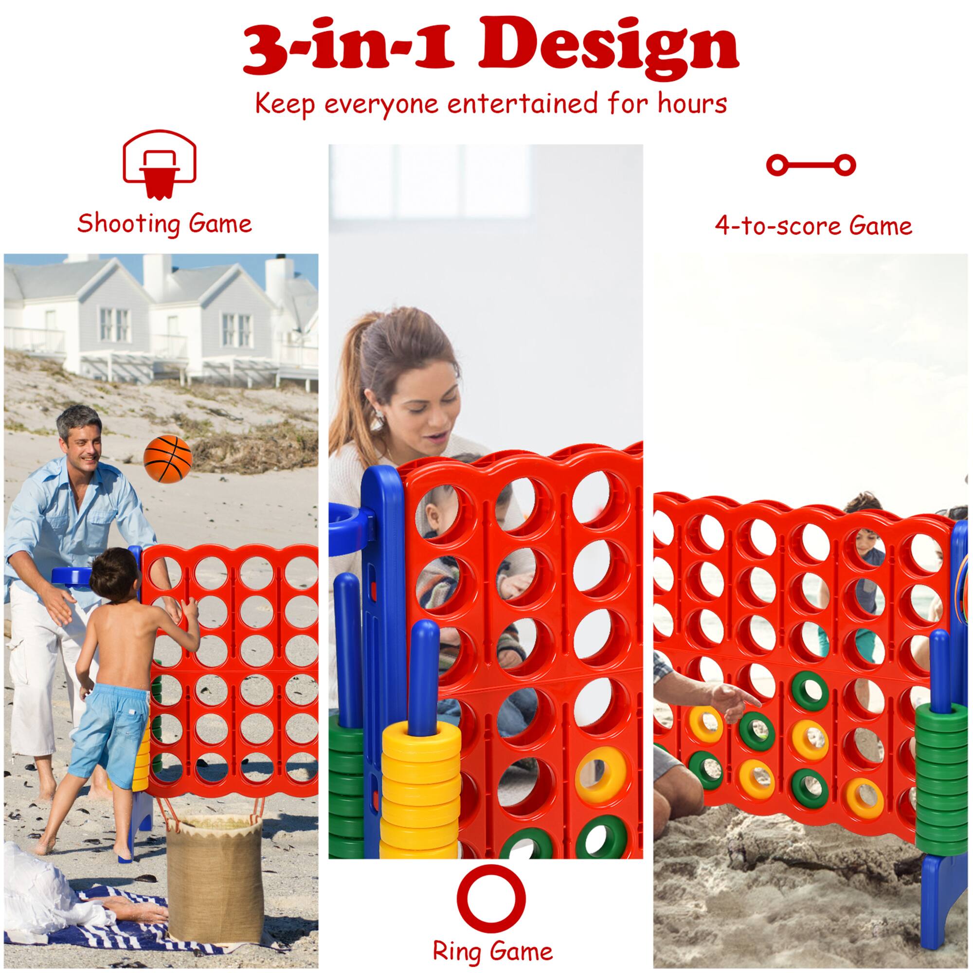 3-in-1 Design  
Keep everyone entertained for hours  

- Shooting Game  
- 4-to-score Game  
- Ring Game