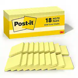 Post-it - Notes, 3" x 3", Canary Collection, 90 Sheet/Pad, 18 Pads/Pack - Canary Yellow