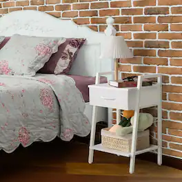 Oumilen - Nightstand, Modern End Table with Fabric Drawer & Open Shelf - White