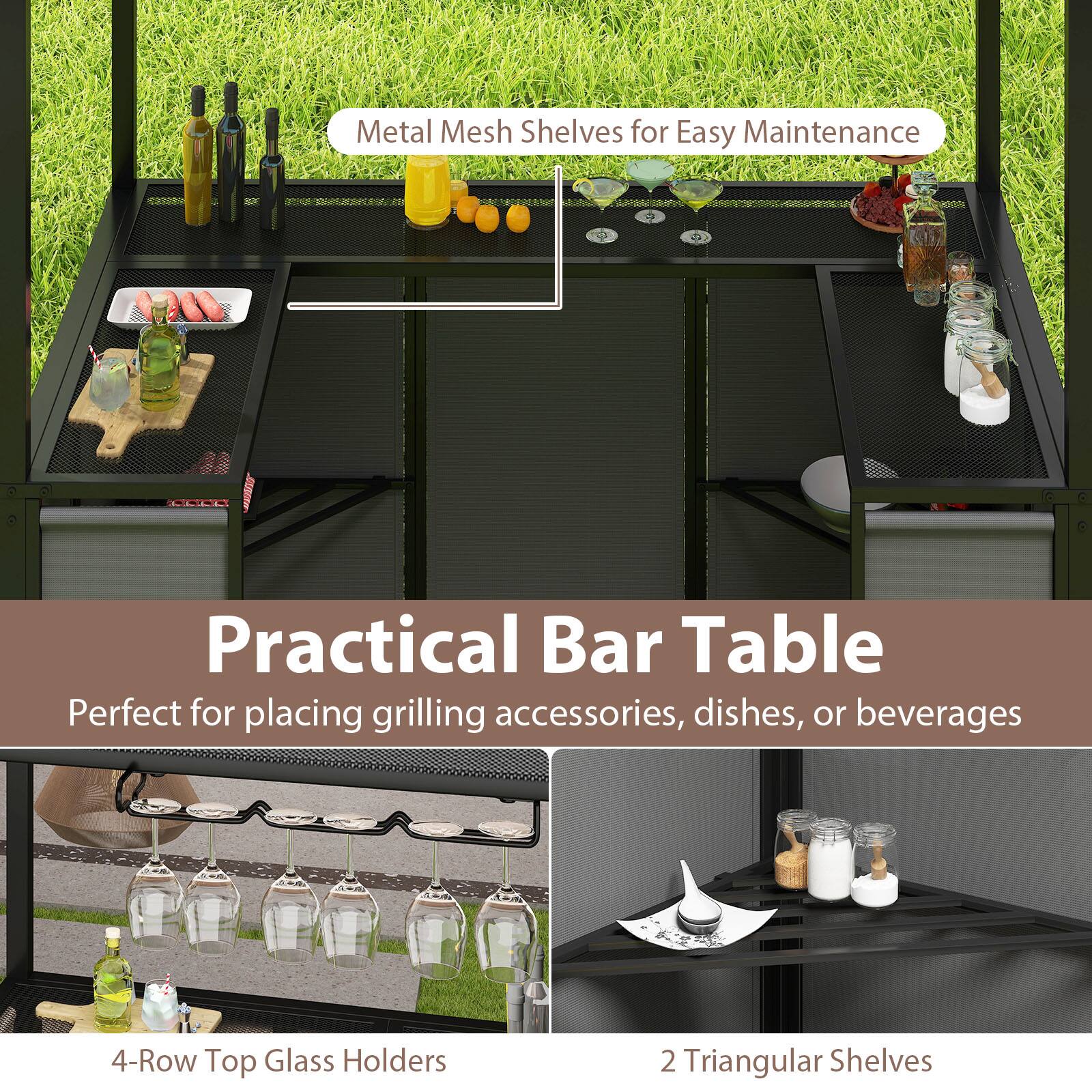 Metal Mesh Shelves for Easy Maintenance

Practical Bar Table
Perfect for placing grilling accessories, dishes, or beverages

4-Row Top Glass Holders

2 Triangular Shelves