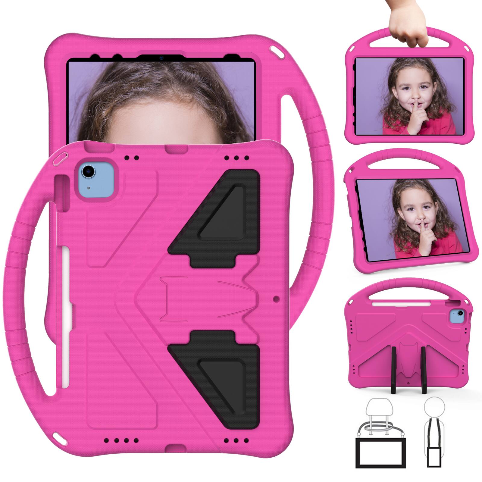 The image shows a pink tablet case with a handle and a camera cutout. There are three smaller images of a child's face on the tablet screen, and a diagram of a person with a chair and a table.