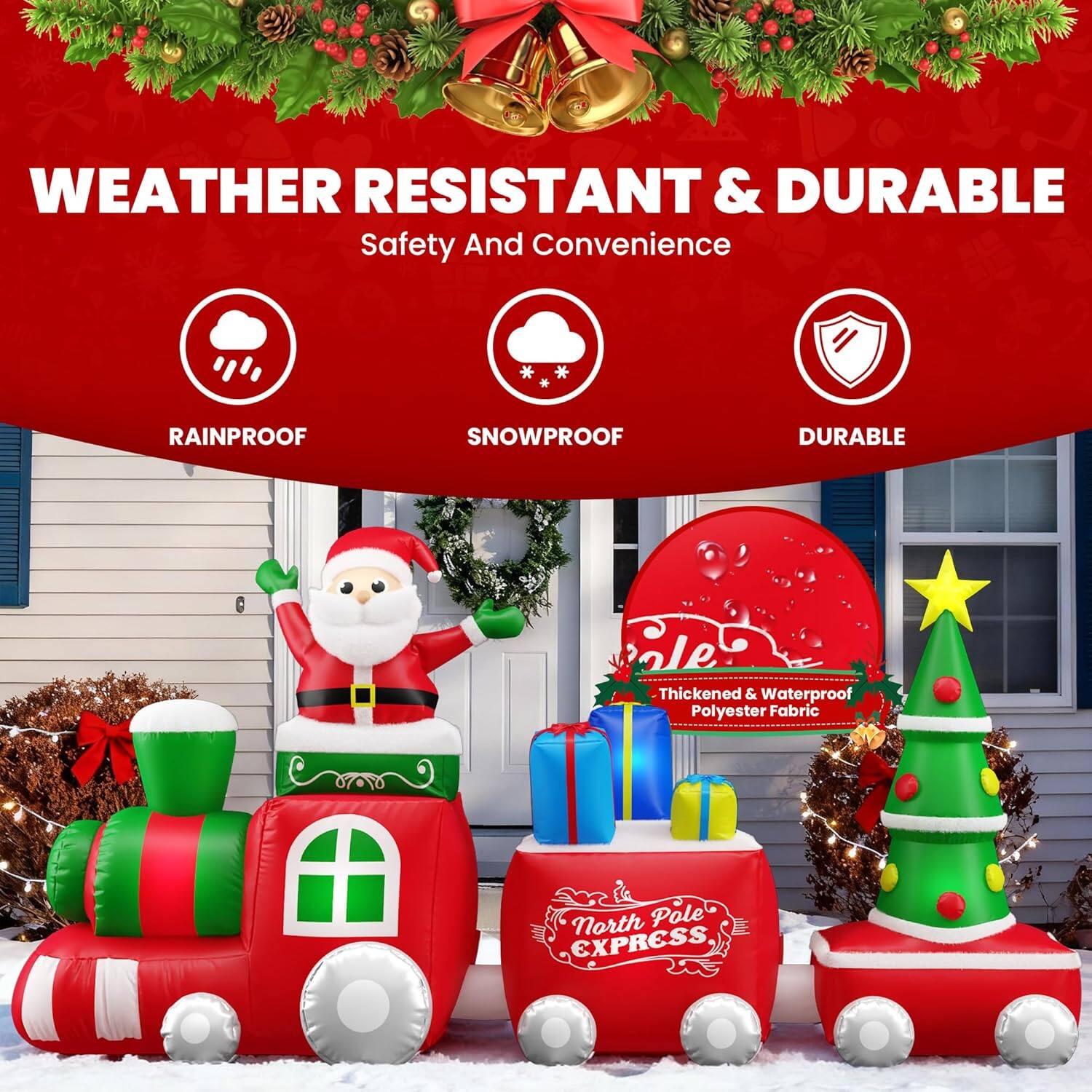 WEATHER RESISTANT & DURABLE  
Safety And Convenience  

RAINPROOF  
SNOWPROOF  
DURABLE  

Thickened & Waterproof Polyester Fabric  

North Pole EXPRESS