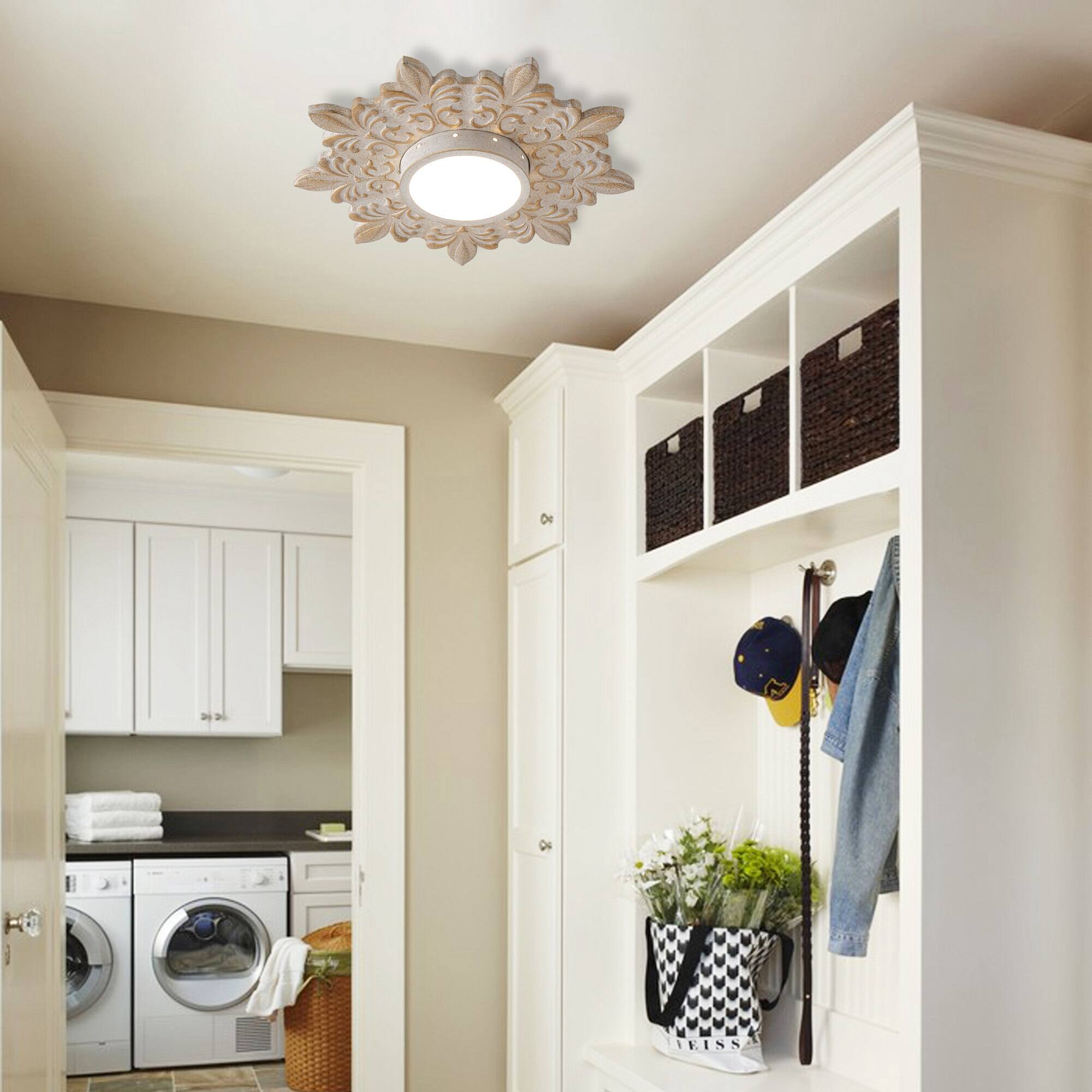 Back. Parrot Uncle - 21.6 in. Boho Distressed White Wood Dimmable Flush Mount Ceiling Light - Distressed White.