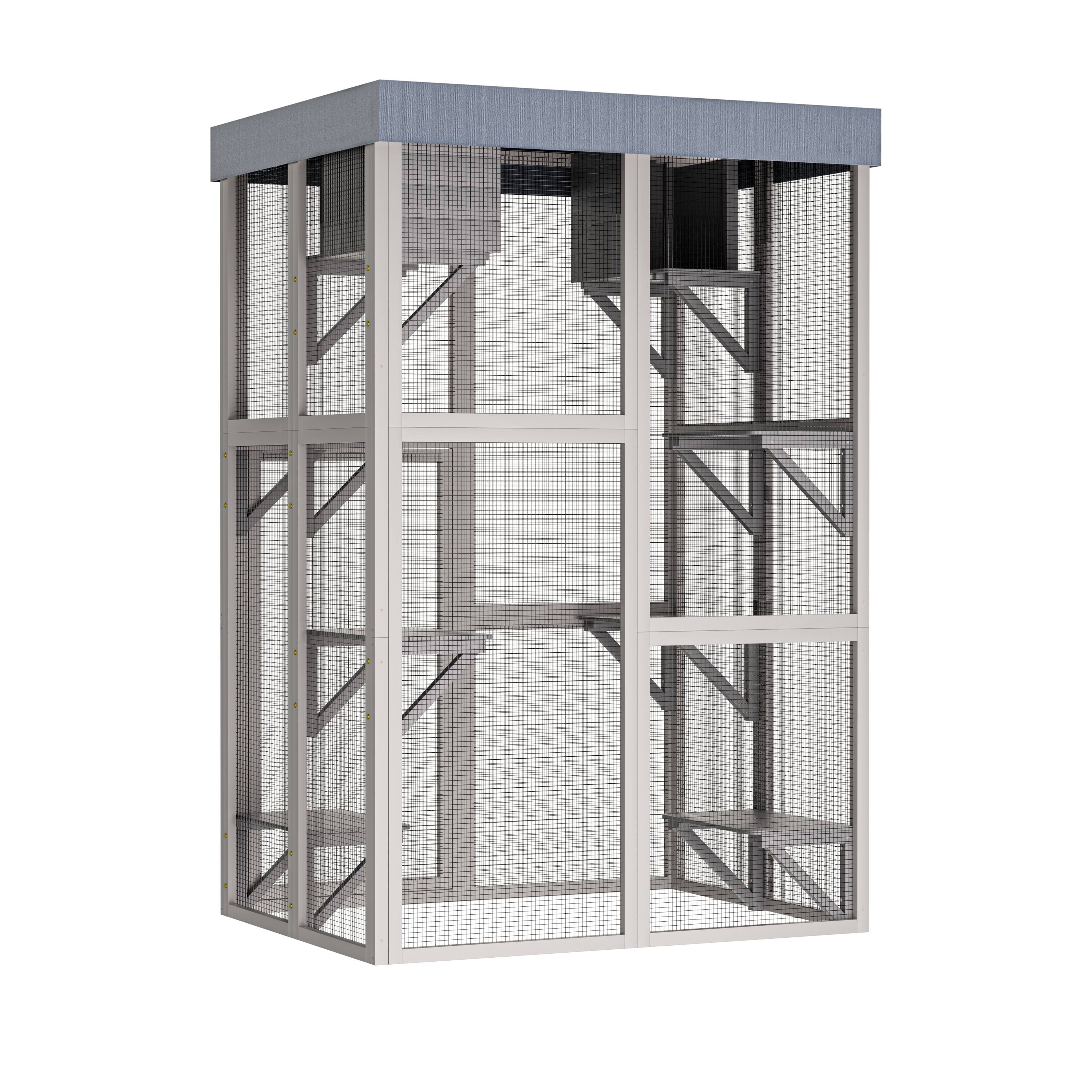 Back. Siljoy - 70.5" Tall Gray Catio with Removable Tarp, 6 Platforms & 2 Napping Houses, Outdoor Cat Enclosure.