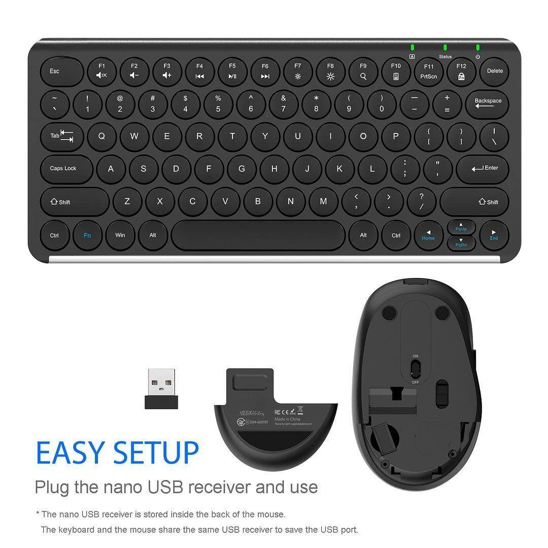 EASY SETUP

Plug the nano USB receiver and use.

* The nano USB receiver is stored inside the back of the mouse.
The keyboard and the mouse share the same USB receiver to save the USB port.