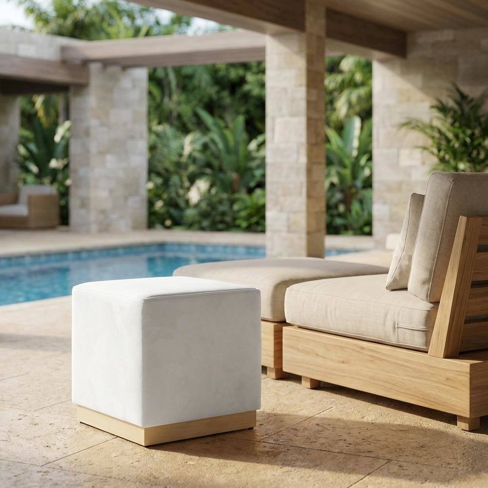 Left. Outdoor Escape - Velvet Upholstered Ottoman In Performance Fabric With Classic Design - Gray.