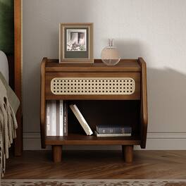 Loheer - Nightstand with Rattan Detail, Open Shelf and Drawer, Modern Bedroom Storage - Walnut