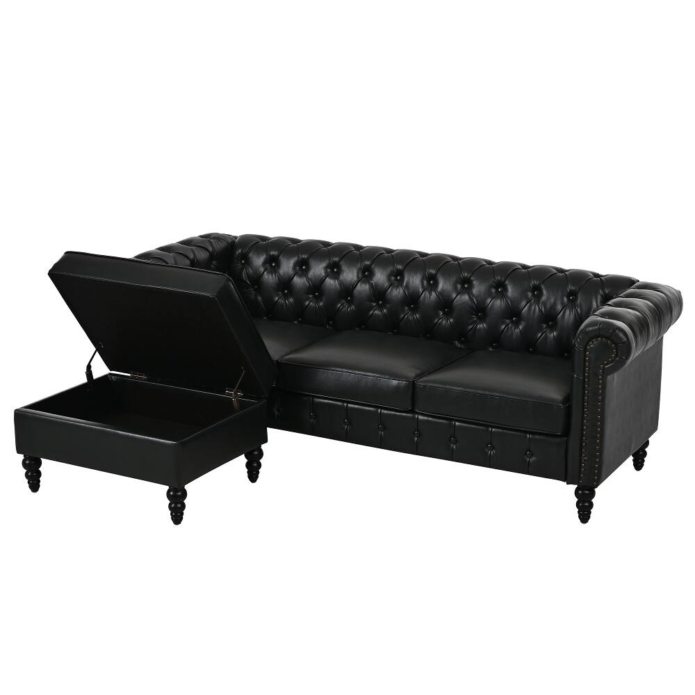 Alt View 3. Loheer - Loheer 85 Inch L-Shaped Sectional Sofa 4-Seater PU Leather Couch with Storage Ottoman - Black.