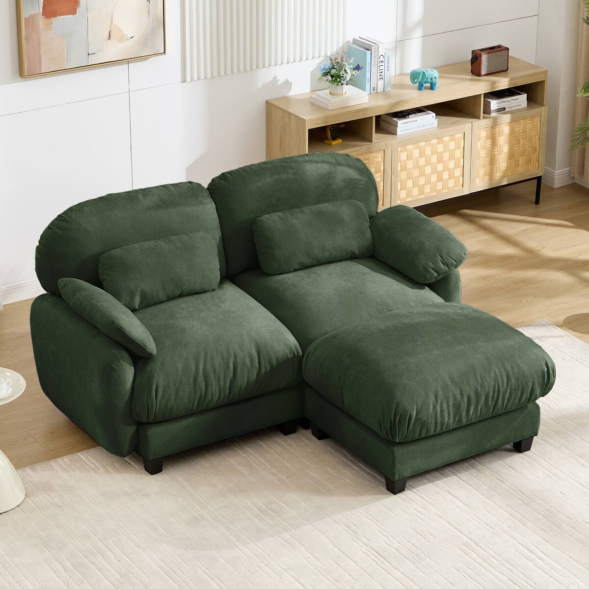 Ropilly 2 Seater L Shaped Sofa with Removable Ottoman, Green Chenille ...