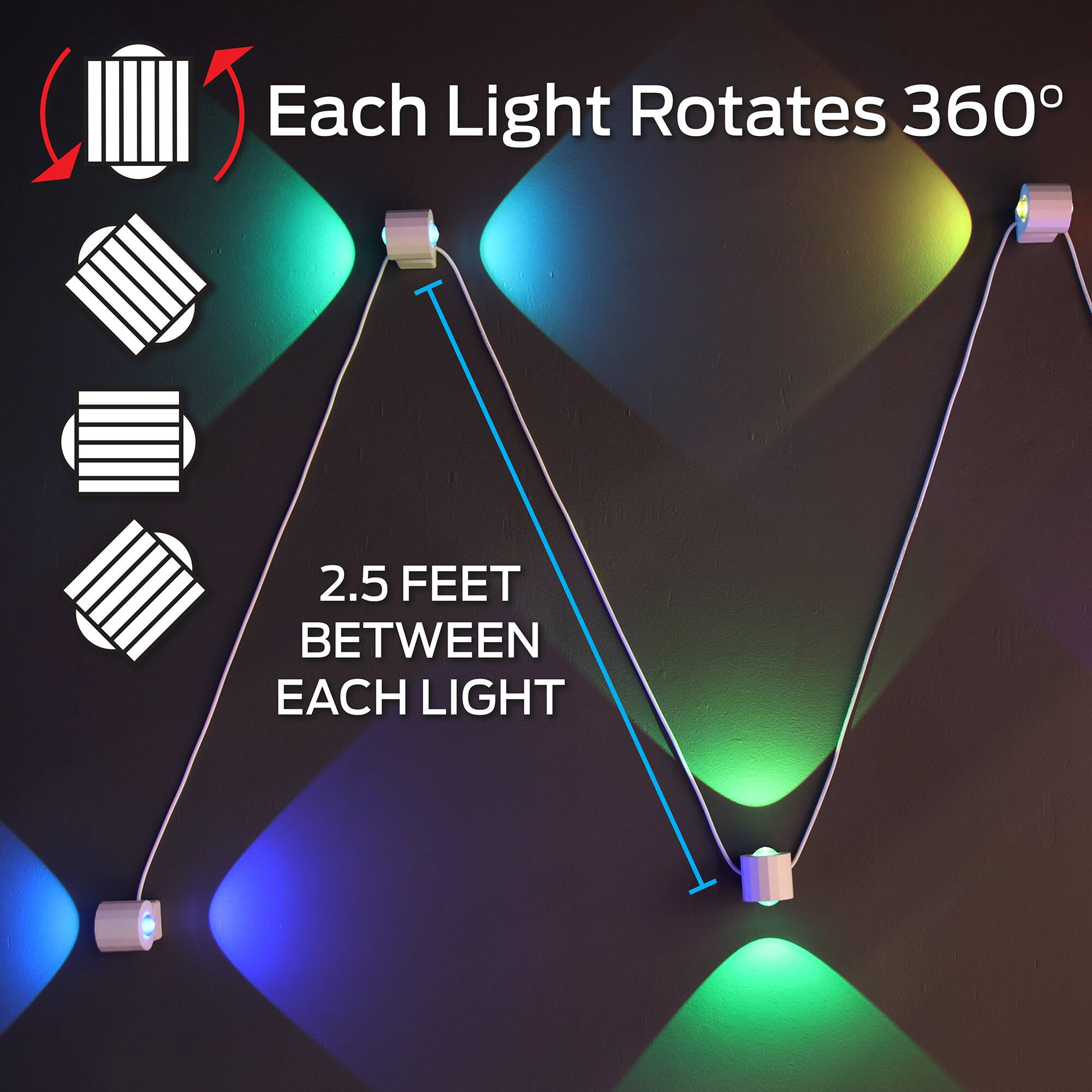 Each Light Rotates 360°

2.5 FEET BETWEEN EACH LIGHT
