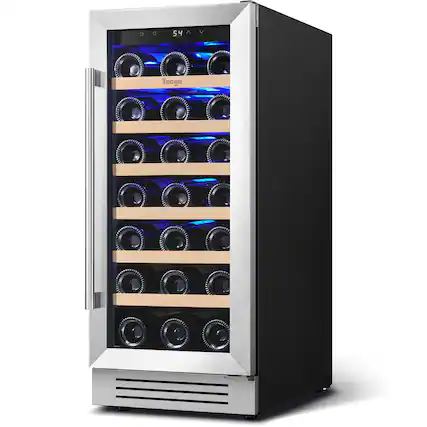 Front. Yeego - 15 inch Wine Cooler Refrigerator with 33-Bottle Built-In/Freestanding for Home Bar,Stainless Steel - Stainless Steel.