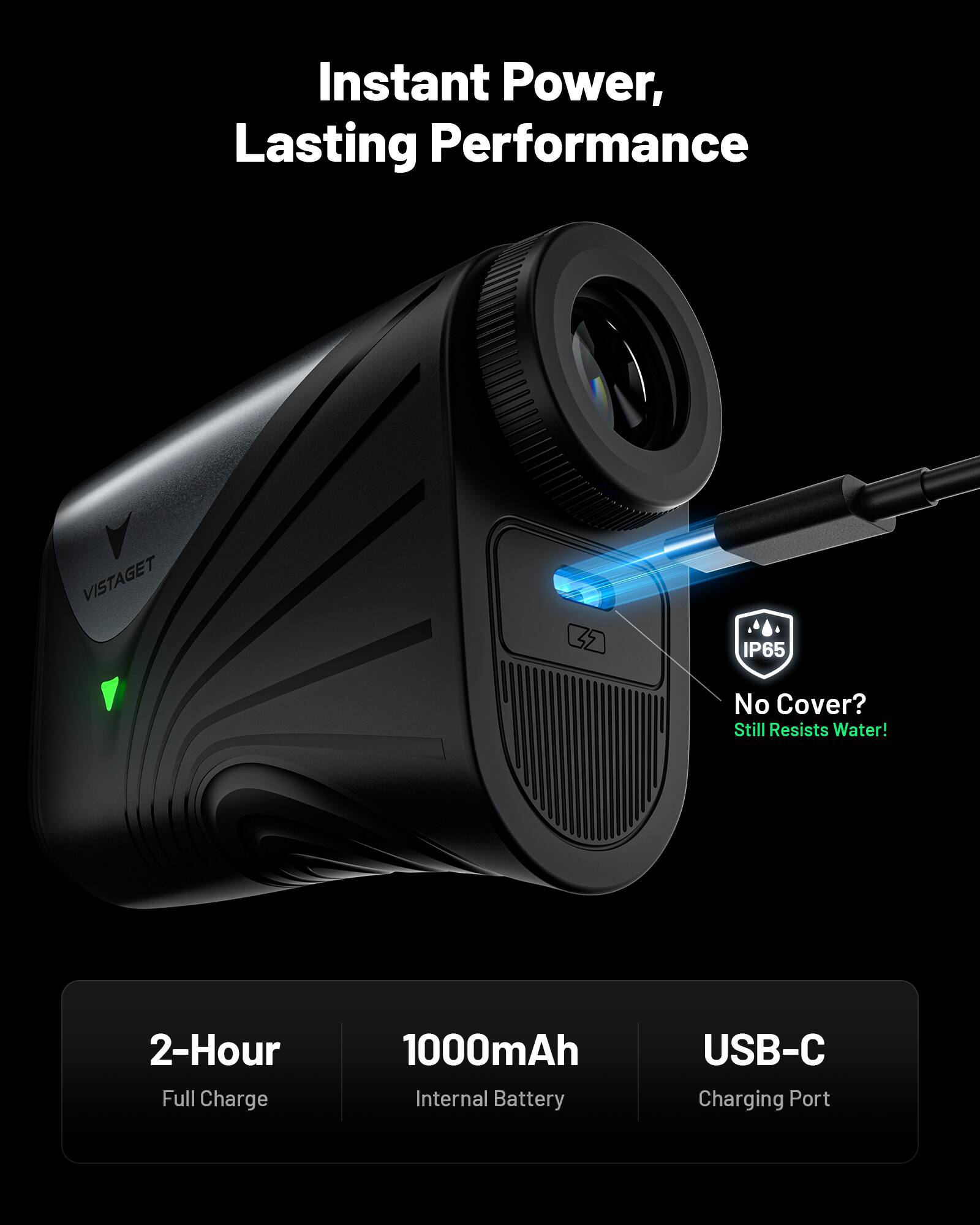Instant Power, Lasting Performance  
VISTAGET IP65  
No Cover? Still Resists Water!  
2-Hour Full Charge  
1000mAh Internal Battery  
USB-C Charging Port