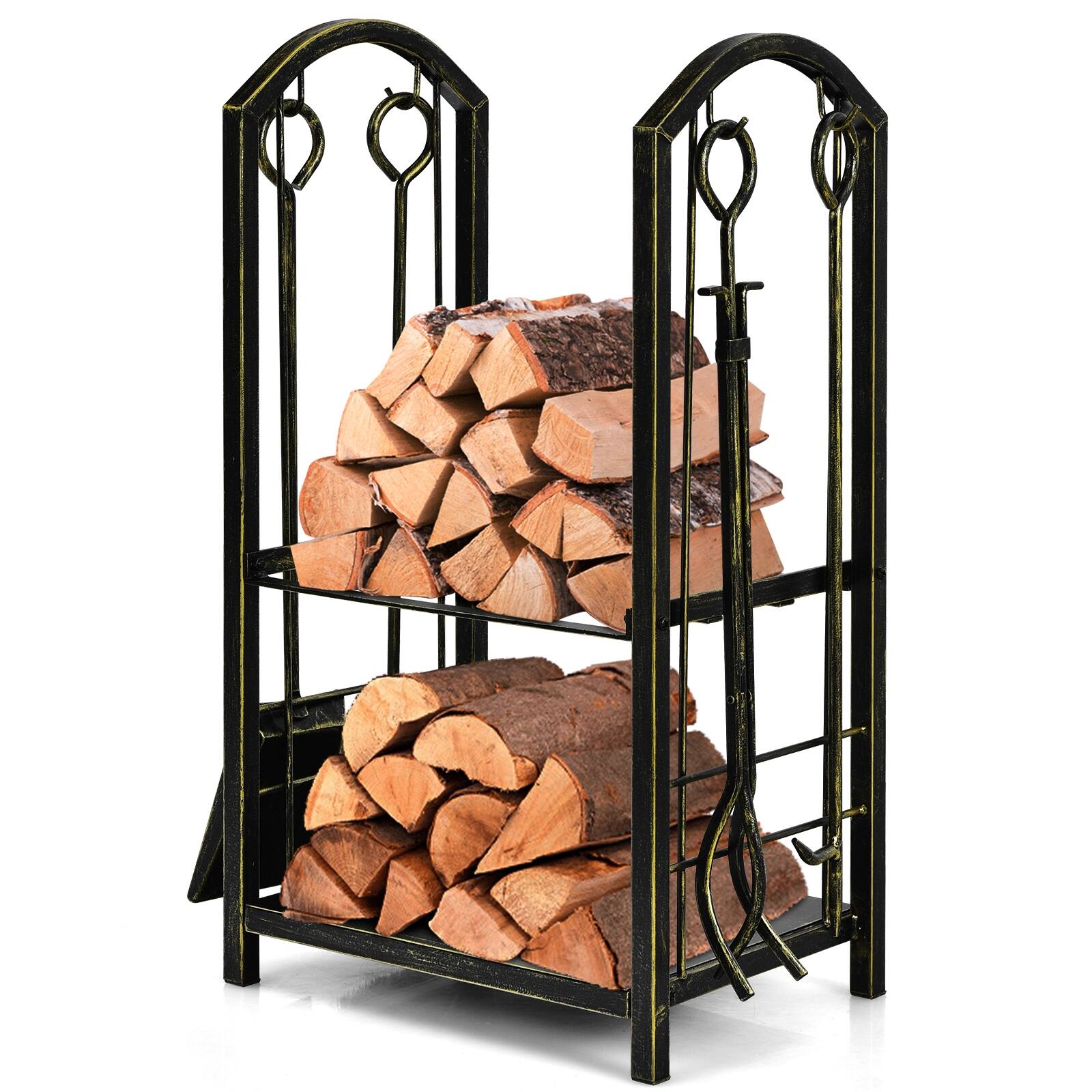 Front. SKONYON - Wrought Iron Firewood Log Rack with Fireplace Tool Set and Dual Storage Shelves - Black.