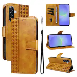 Dteck - For Samsung Galaxy A17 5G Shockproof Leather Folio Kickstand Card Slots Wallet Case with Strap - Yellow
