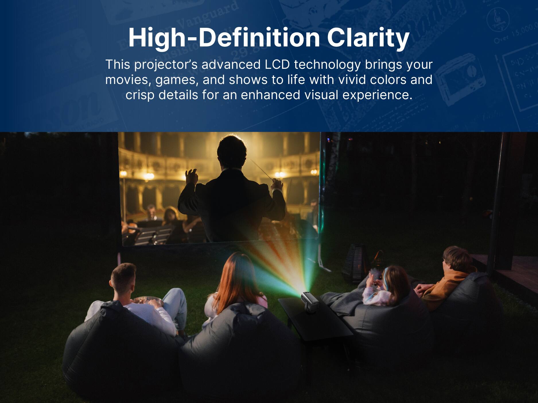 Vanguard High-Definition Clarity
This projector's advanced LCD technology brings your movies, games, and shows to life with vivid colors and crisp details for an enhanced visual experience.