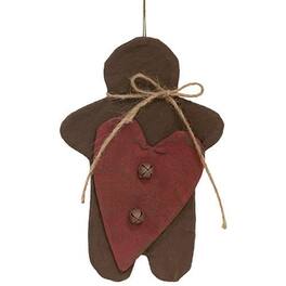 BreeBe - Stiffened Fabric Primitive Gingerbread & Heart Ornament - Brown