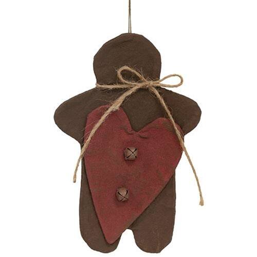 Front. BreeBe - Stiffened Fabric Primitive Gingerbread & Heart Ornament - Brown.