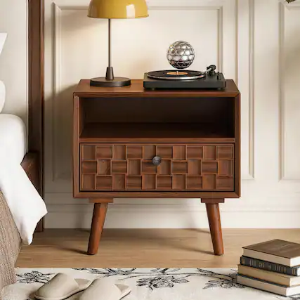 Front. Loheer - Loheer Walnut Wood Nightstand with Carved Drawer Front and Open Shelf - Walnut.