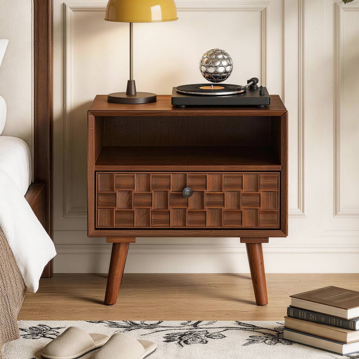Front. Loheer - Loheer Walnut Wood Nightstand with Carved Drawer Front and Open Shelf - Walnut.