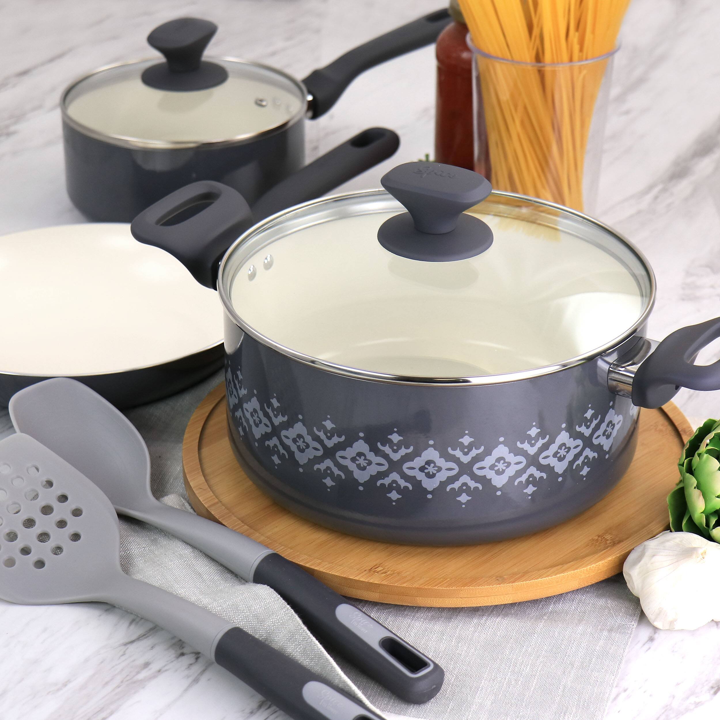 Alt View 9. Spice By Tia Mowry - Spice by Tia Mowry Savory Saffron 7 Piece Ceramic Nonstick Aluminum Cookware Set with Nylon Utensils in Grey - Gray.