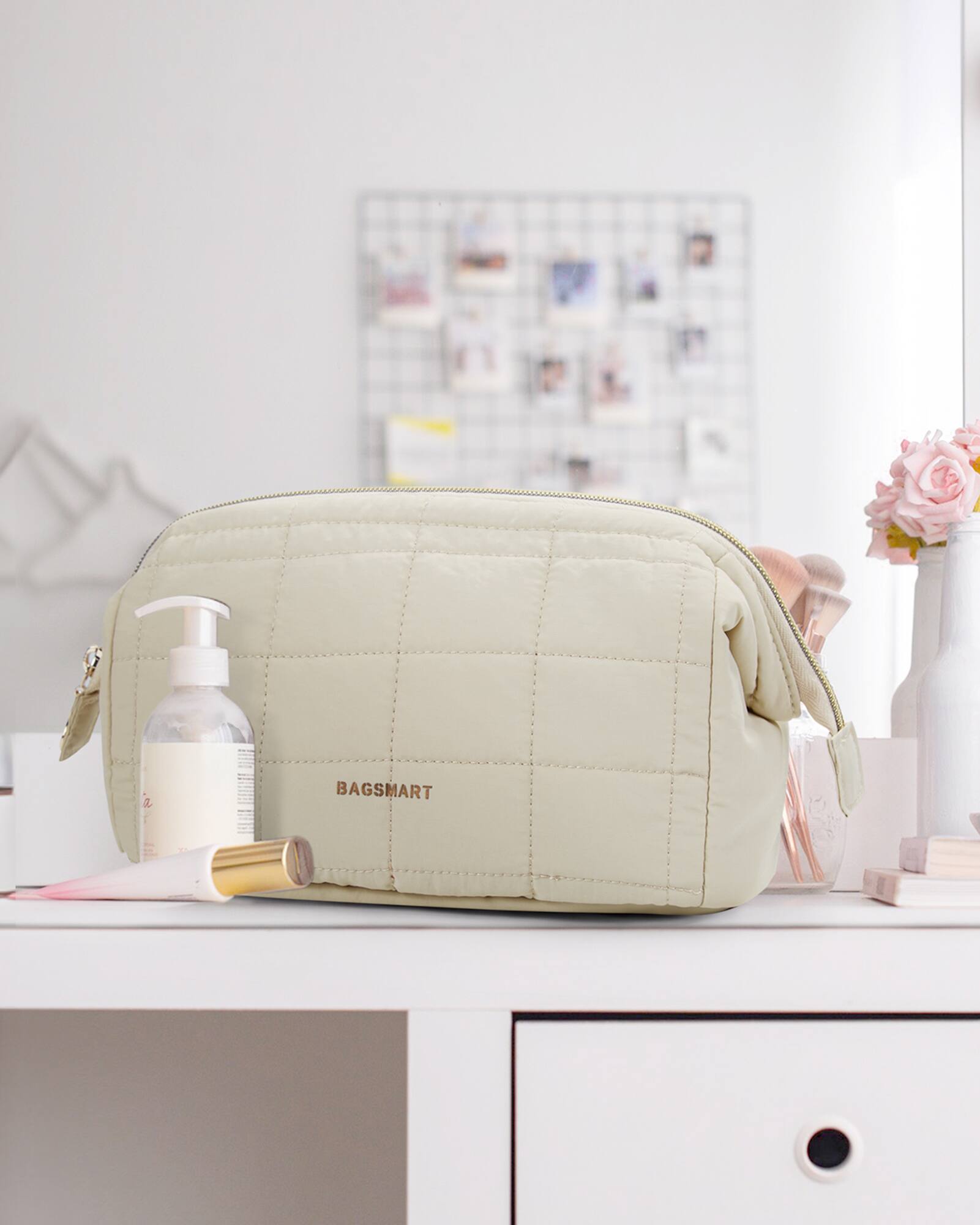 Alt View 6. Bagsmart - Wide-open Makeup Bag Cosmetic Pouch Organizer Travel Toiletry Bag Essentials Accessories for Women Girls - Khaki.