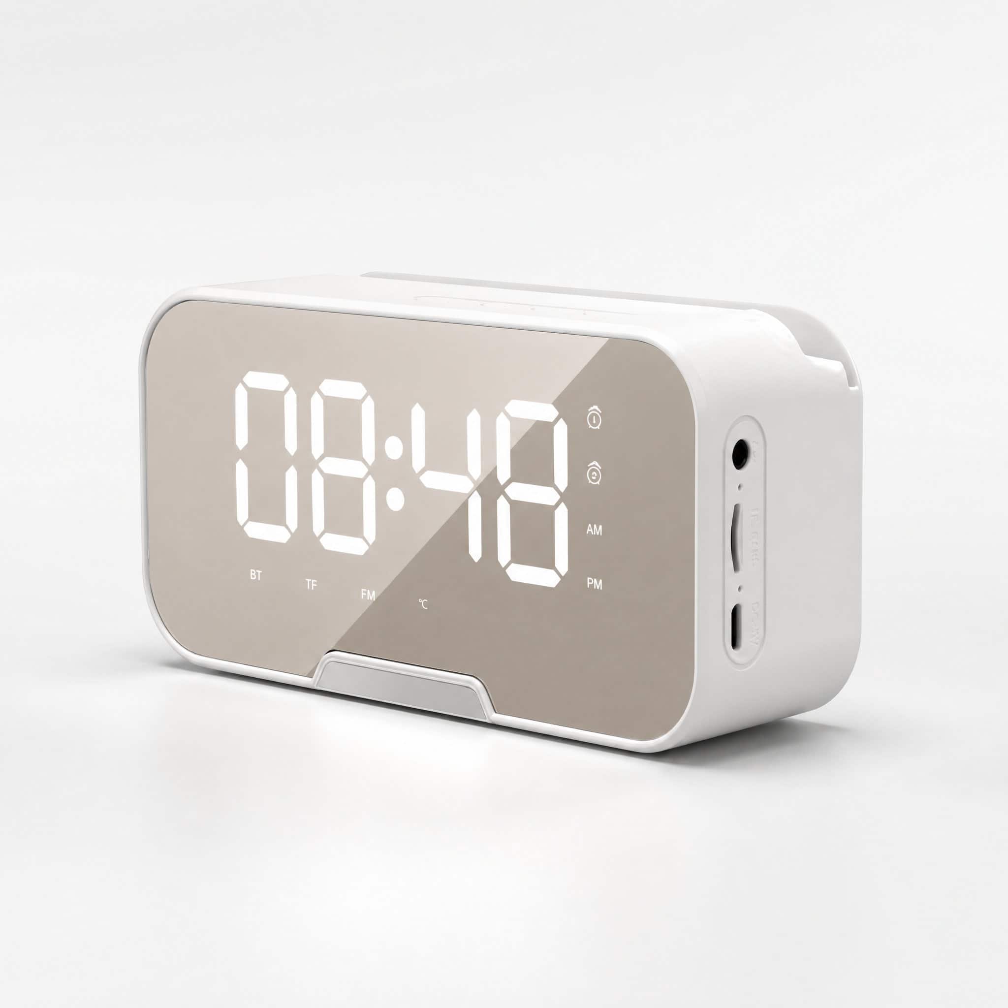 Frienhund - Bluetooth Alarm Clock Speaker with FM Radio, LED Mirror Display, Dual Alarm & Phone Stand - White