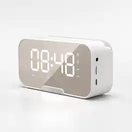 Frienhund - Bluetooth Alarm Clock Speaker with FM Radio, LED Mirror Display, Dual Alarm & Phone Stand - White