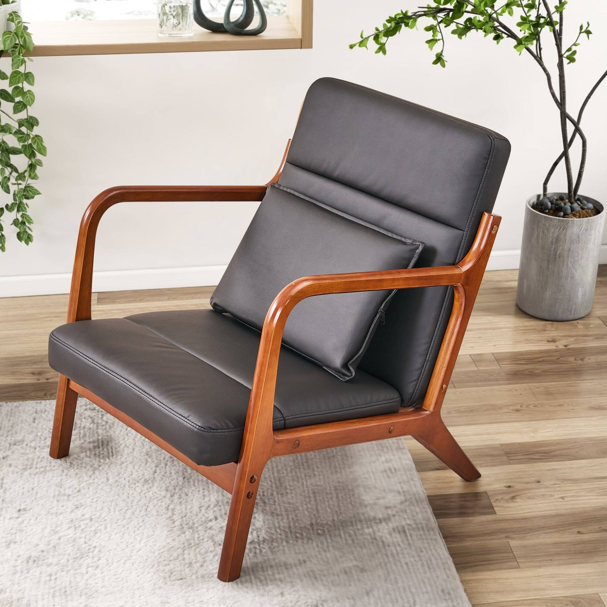 Left. Vecelo - Mid Century Faux Leather Accent Chair, Modern Lounge Armchair for Living Room Bedroom - Black.