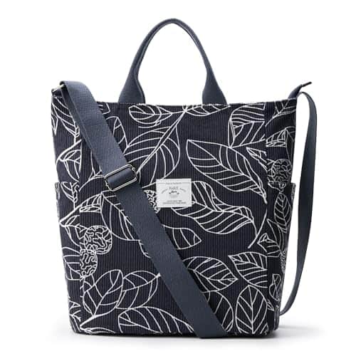 Fabibe - Corduroy Tote Bag Large Messenger Shoulder Hobo Anti Splash Crossbody Zipper Casual Work Shopping Women - Grey Leaf