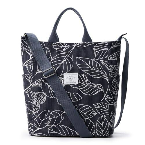 Fabibe - Corduroy Tote Bag Large Messenger Shoulder Hobo Anti Splash Crossbody Zipper Casual Work Shopping Women - Grey Leaf